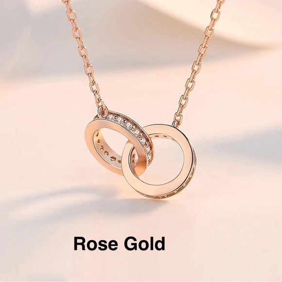 NWOT 925 Sterling Silver Double Circle CZ Necklace 8” Rose Gold Interlocking - Picture 10 of 14